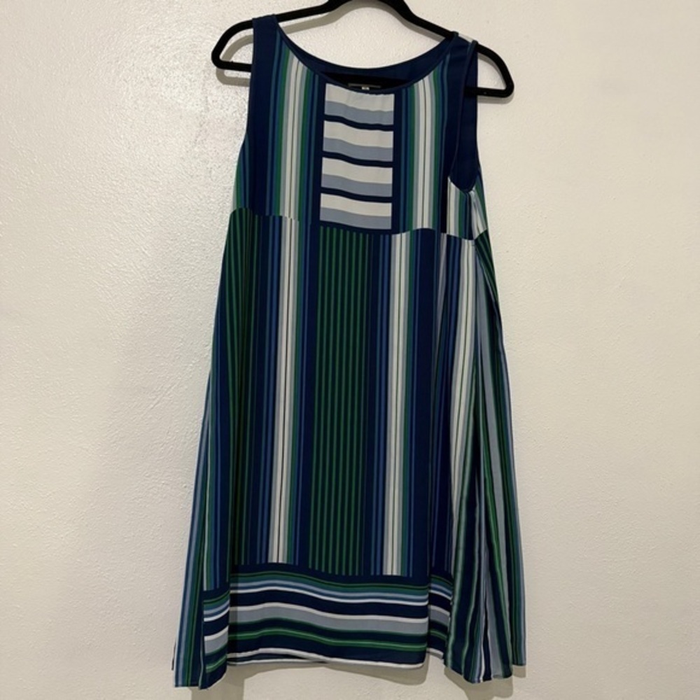 Max Studio Sleeveless Navy, White, and Green Striped Dress. Sz M.